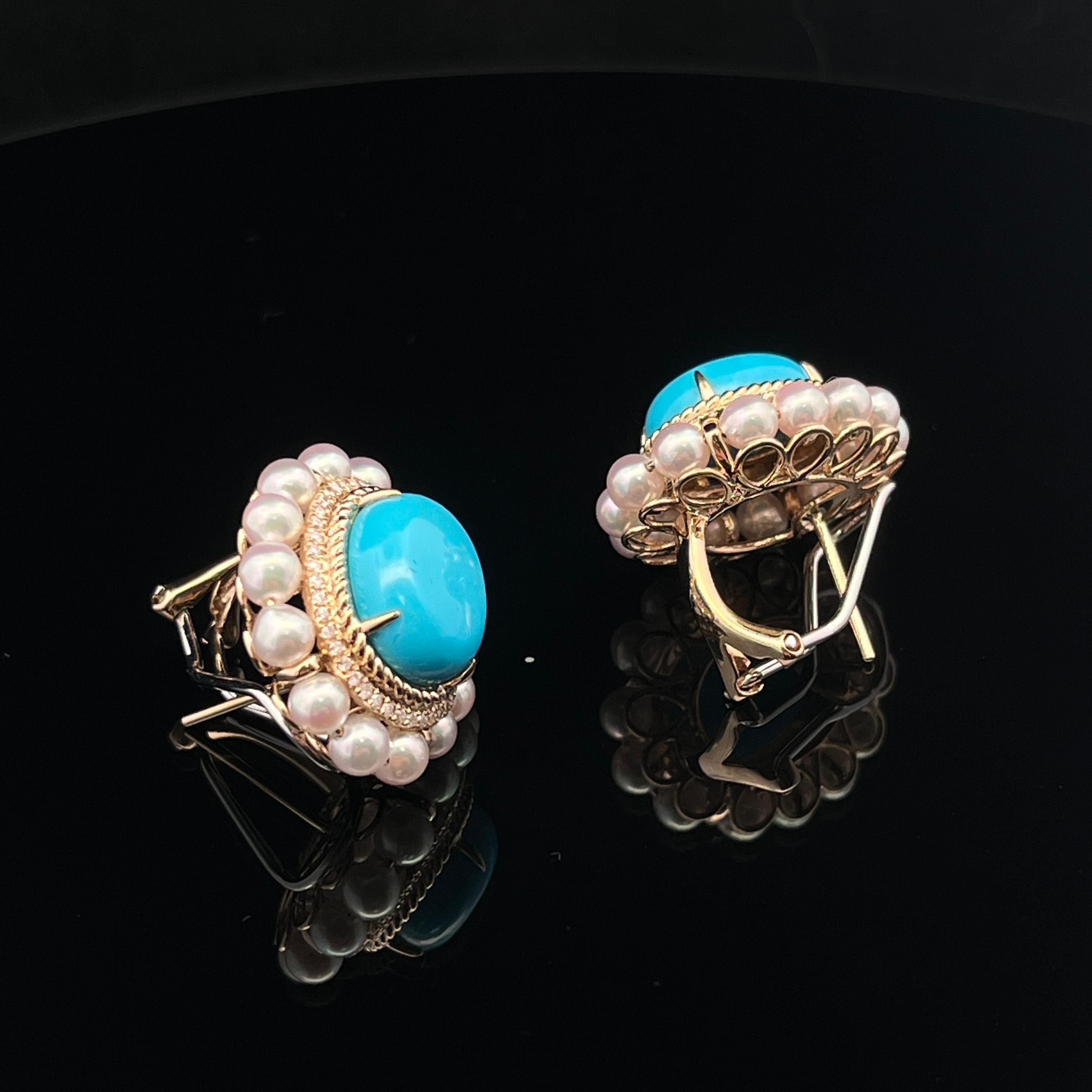 Vintage 10X12MM Turquoise Pearl Diamond Earrings in 14 Karat Yellow Gold For Sale 1