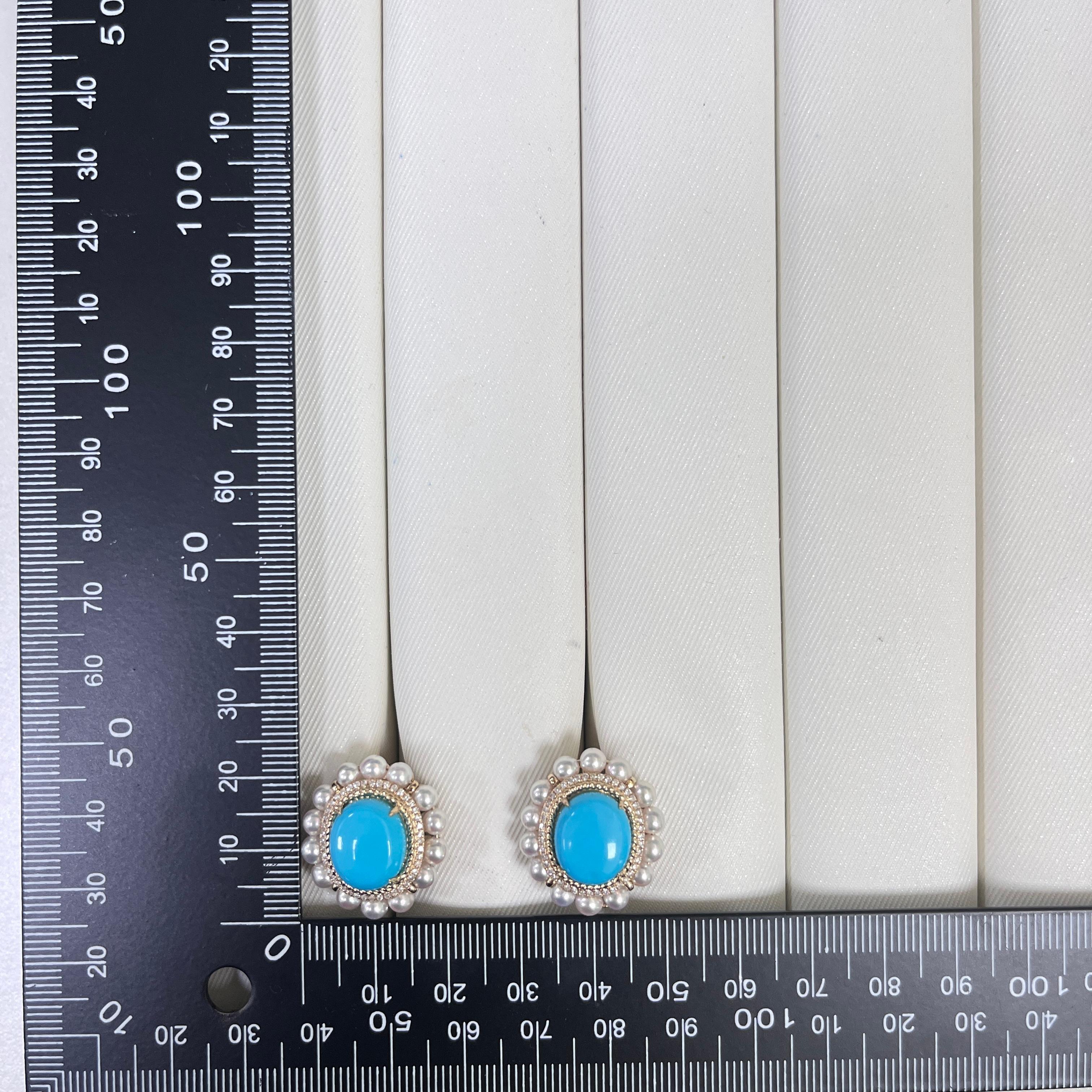 Vintage 10X12MM Turquoise Pearl Diamond Earrings in 14 Karat Yellow Gold For Sale 2