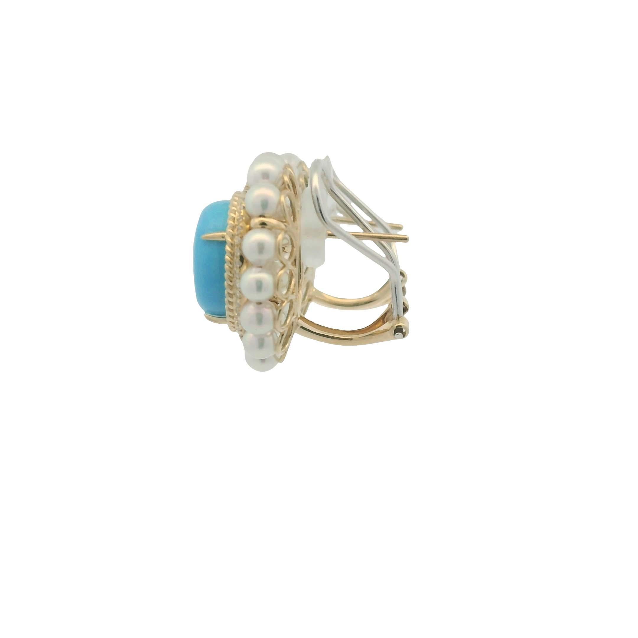 Vintage 10X12MM Turquoise Pearl Diamond Earrings in 14 Karat Yellow Gold For Sale 3