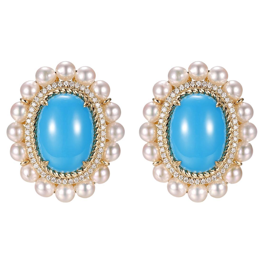 Vintage By 10X12MM Orecchini di perle turchesi e diamanti in oro giallo 14 carati