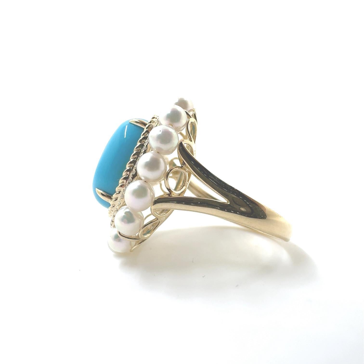 Vintage 10X14mm Turquoise Cabochon Perle Diamant en or jaune 14 carats en vente 1
