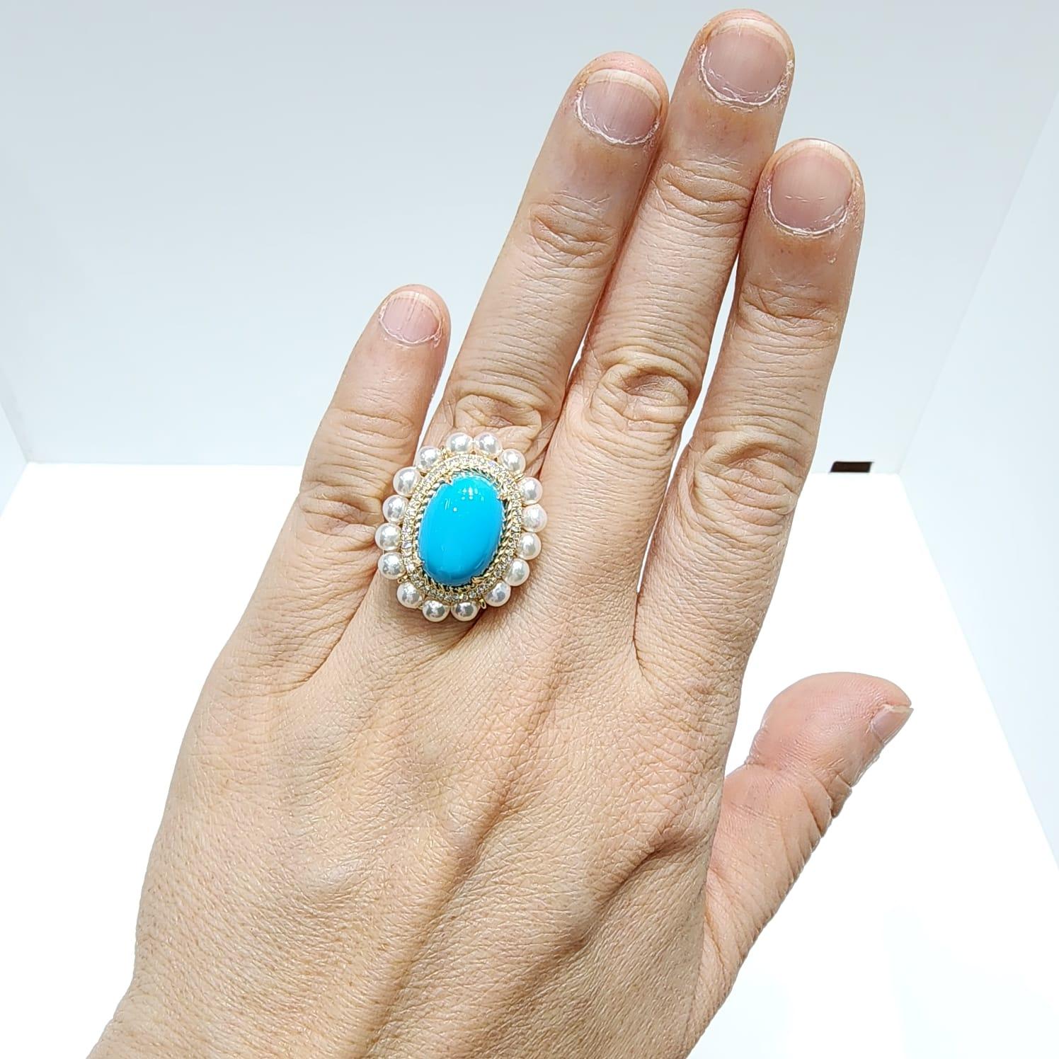 Vintage 10X14mm Turquoise Cabochon Perle Diamant en or jaune 14 carats en vente 2