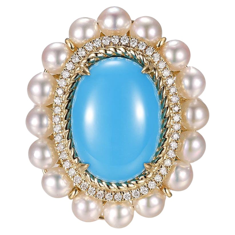 Vintage 10X14mm Turquoise Cabochon Perle Diamant en or jaune 14 carats en vente