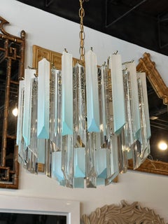 Vintage 11 Light Aqua Blue Lucite Prism Chandelier Brass Two Tier