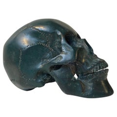Vintage 1:1 Sculpture of a Human Skull in Green Verdigris Bronze