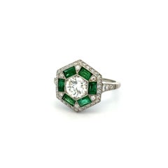 Vintage 1.10 Carat Diamond and Emerald Platinum Ring Estate Fine Jewelry