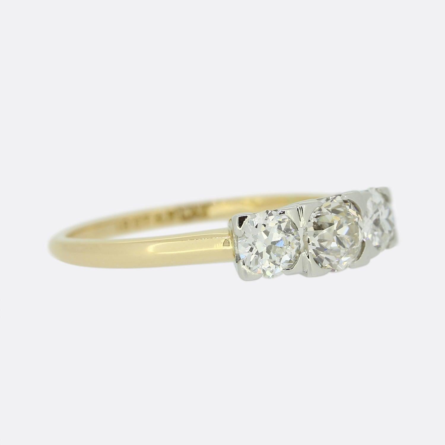 Old Mine Cut Vintage 1.10 Carat Old Cut Diamond Three Stone Ring For Sale