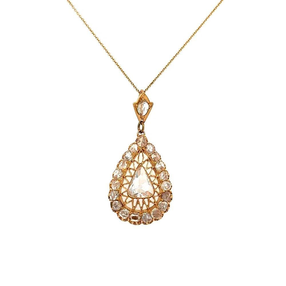 Mixed Cut Vintage 1.10 Carat Pear Rose Cut Diamond Gold Pendant Necklace For Sale