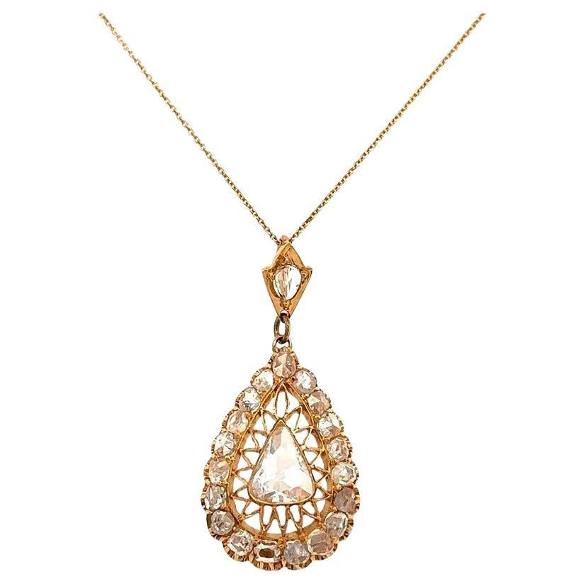 Vintage 1.10 Carat Pear Rose Cut Diamond Gold Pendant Necklace For Sale