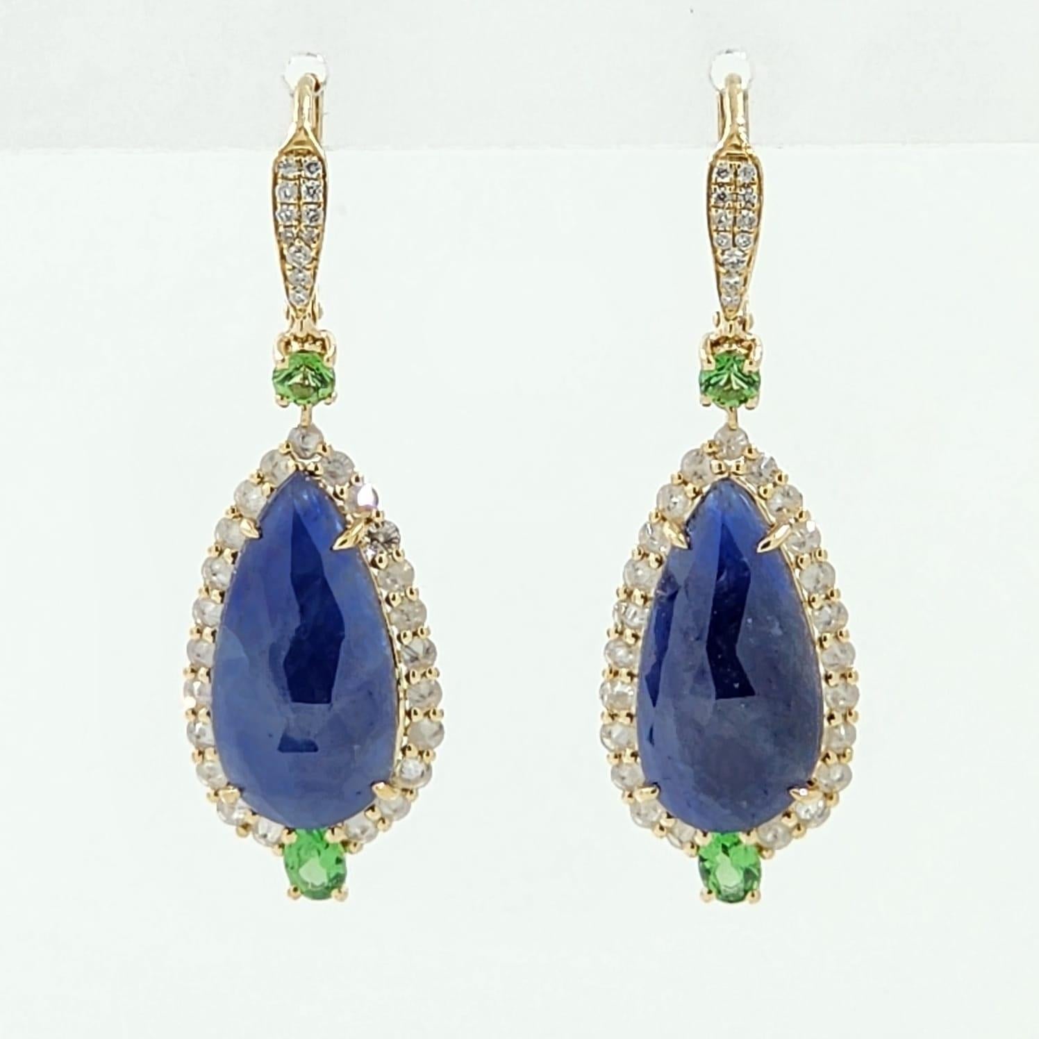 Women's Vintage 10.87 Carat Sapphire Tsavorite Natts Diamonds Dangle Earrings For Sale