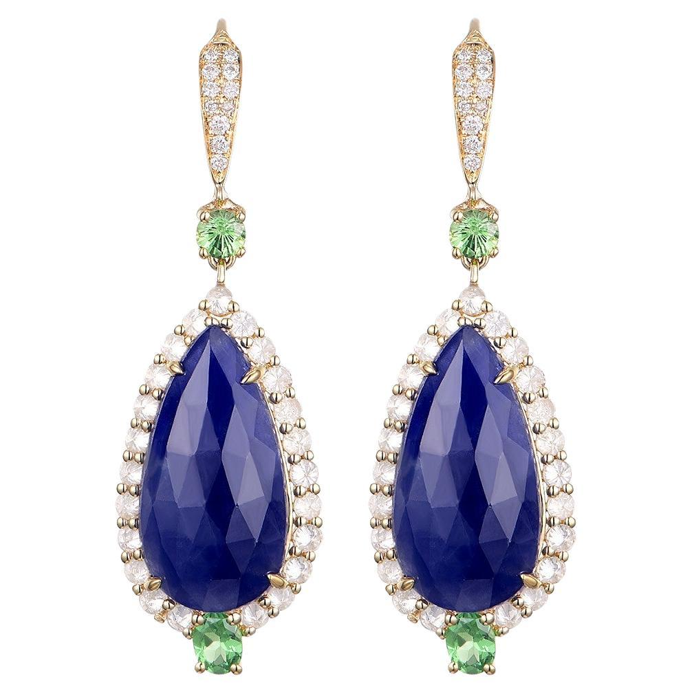 Vintage 10.87 Carat Sapphire Tsavorite Natts Diamonds Dangle Earrings For Sale