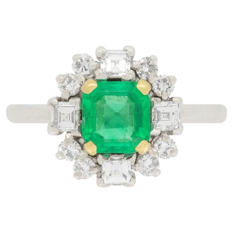 Vintage 1.10ct Emerald and Diamond Cluster Ring, c.1960s For Sale