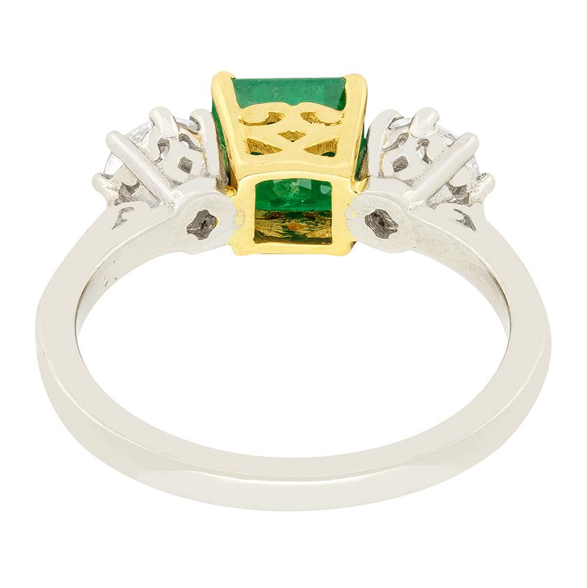 Vintage 1.10 Ct Emerald and Diamond Three Stone Ring, C.1960s In Good Condition For Sale In London, GB