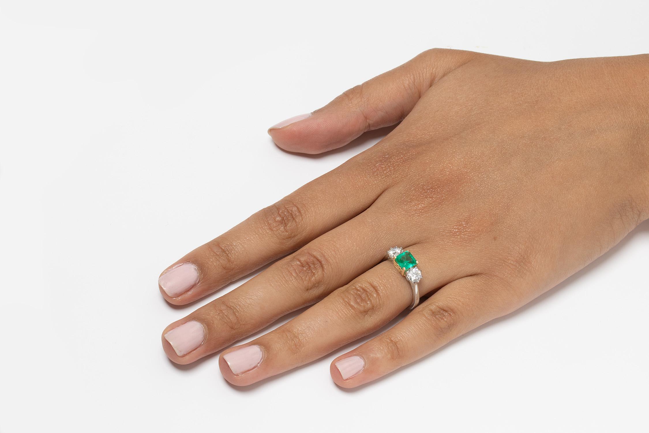 Women's or Men's Vintage 1.10 Ct Emerald and Diamond Three Stone Ring, C.1960s