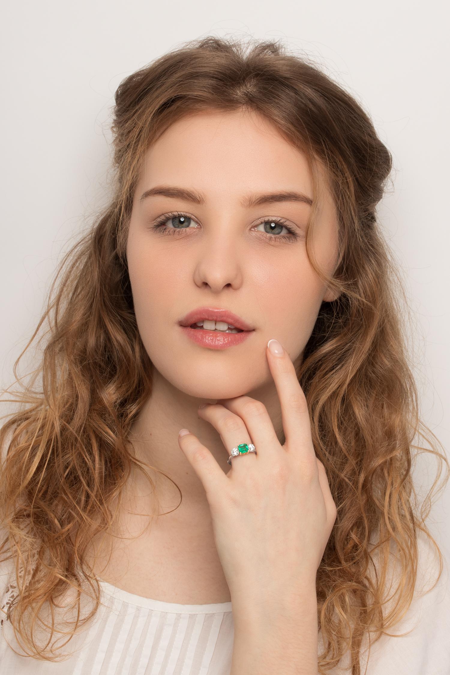 Vintage 1.10 Ct Emerald and Diamond Three Stone Ring, C.1960s 1
