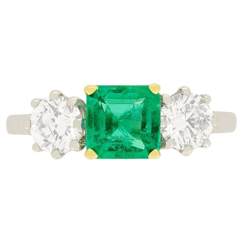 Vintage 1.10 Ct Emerald and Diamond Three Stone Ring, C.1960s For Sale