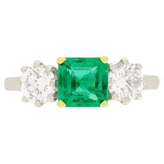 Retro 1.10 Ct Emerald and Diamond Three Stone Ring, C.1960s