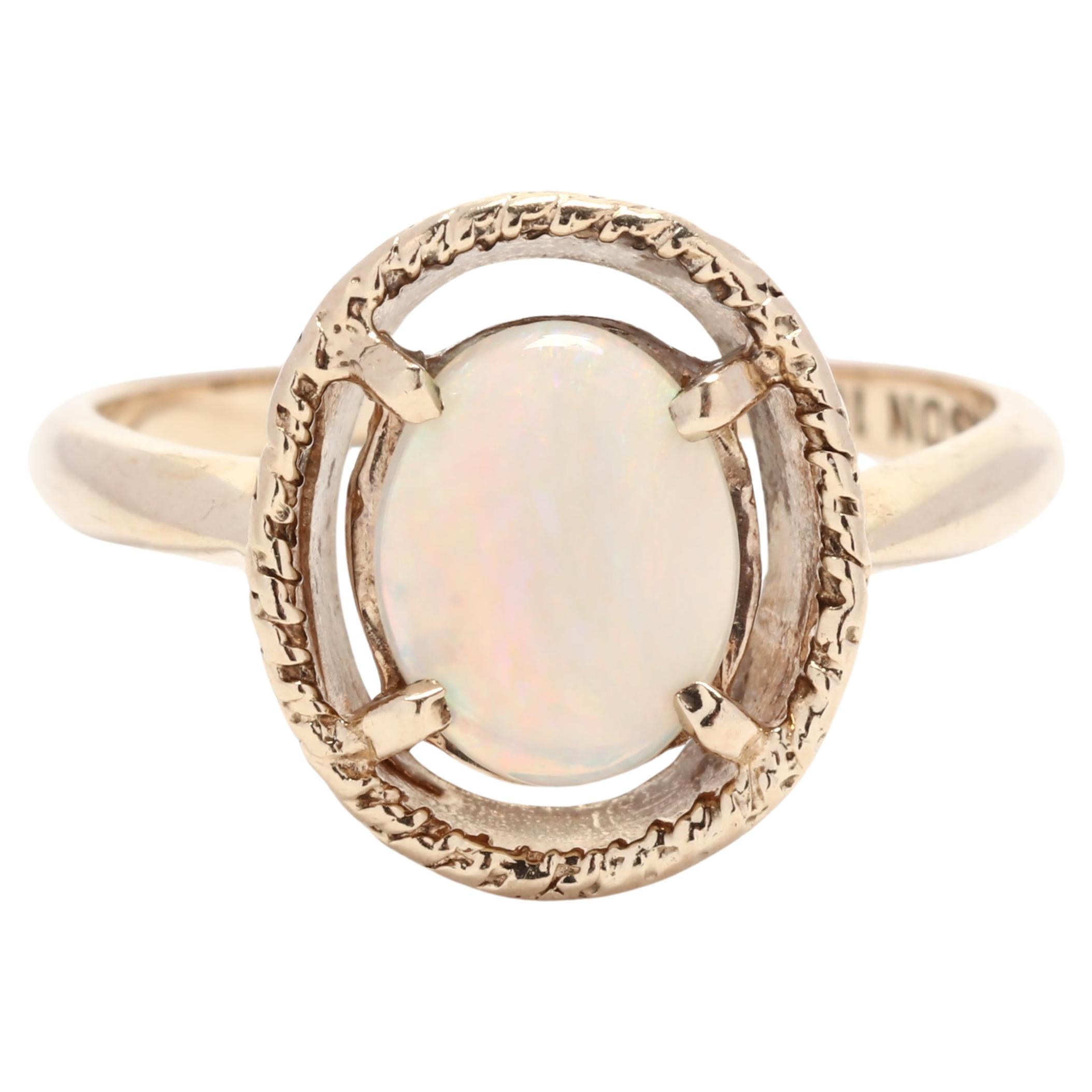 Vintage 1.10ct Oval Opal Gold Ring, 10K Yellow Gold, Ring Size 5.5, Rainbow Opal For Sale