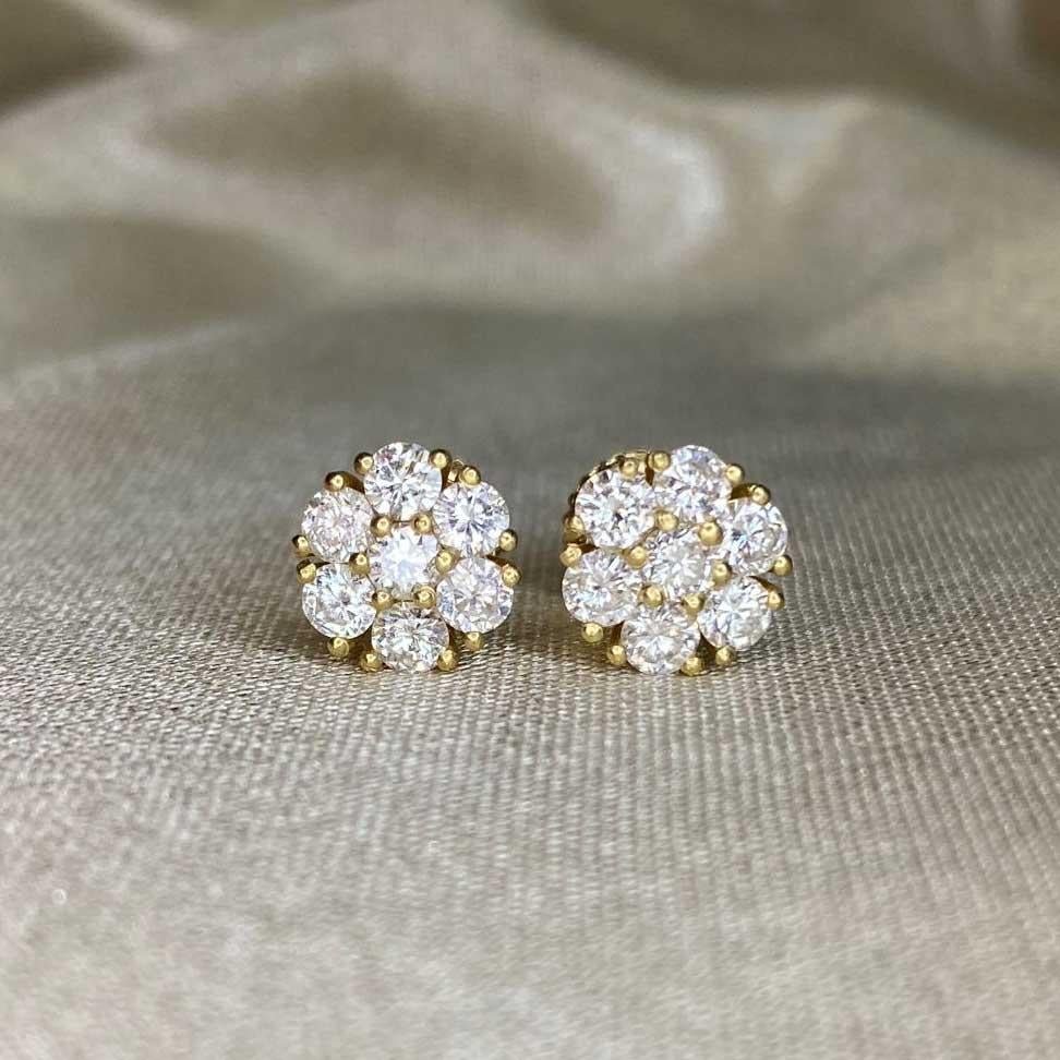 Retro Vintage 1.10ct Transitional Cut Diamond Cluster Earrings, 18k Yellow Gold  For Sale