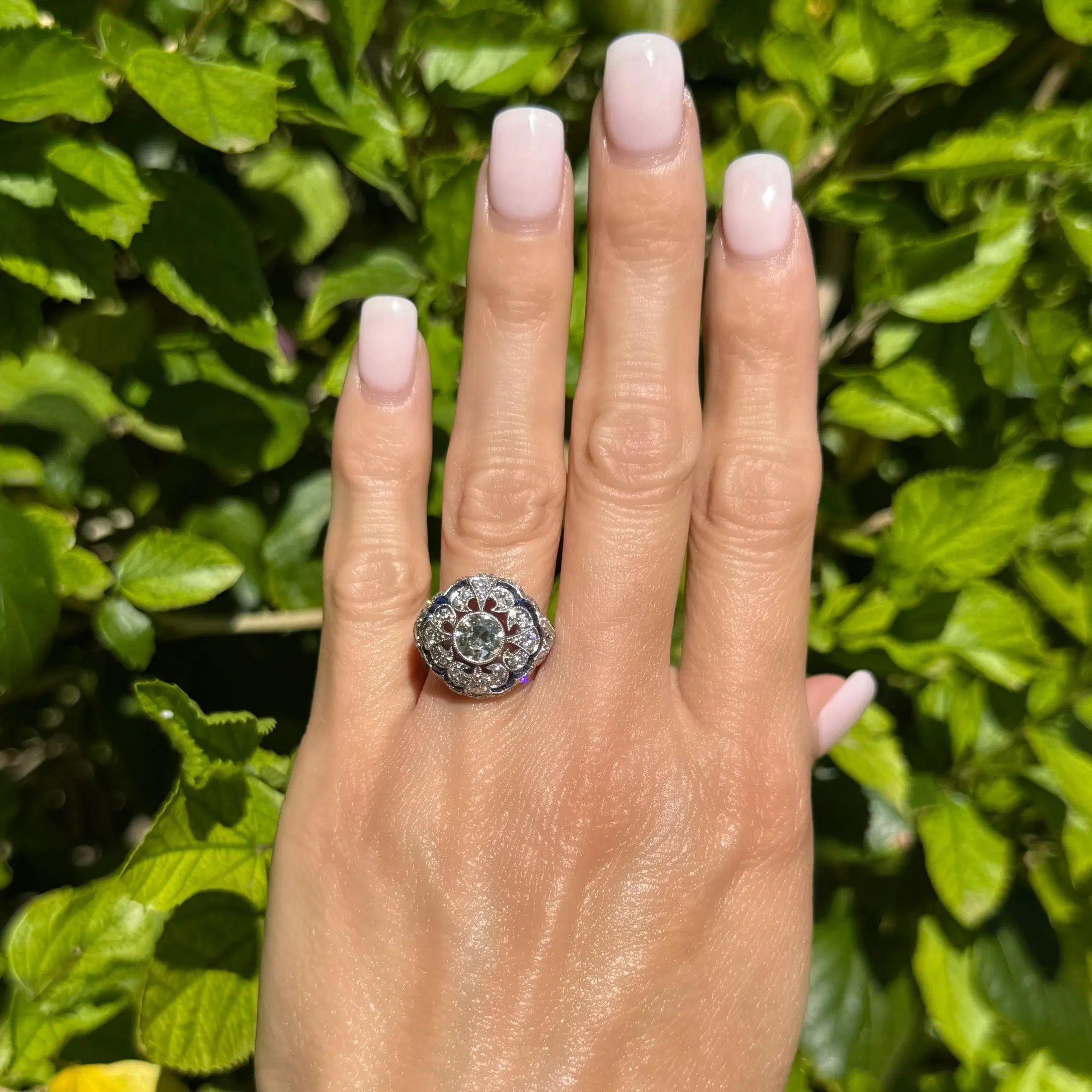 Vintage 1,11 Karat Diamant und Saphir Platin Filigran Ring (Art déco) im Angebot