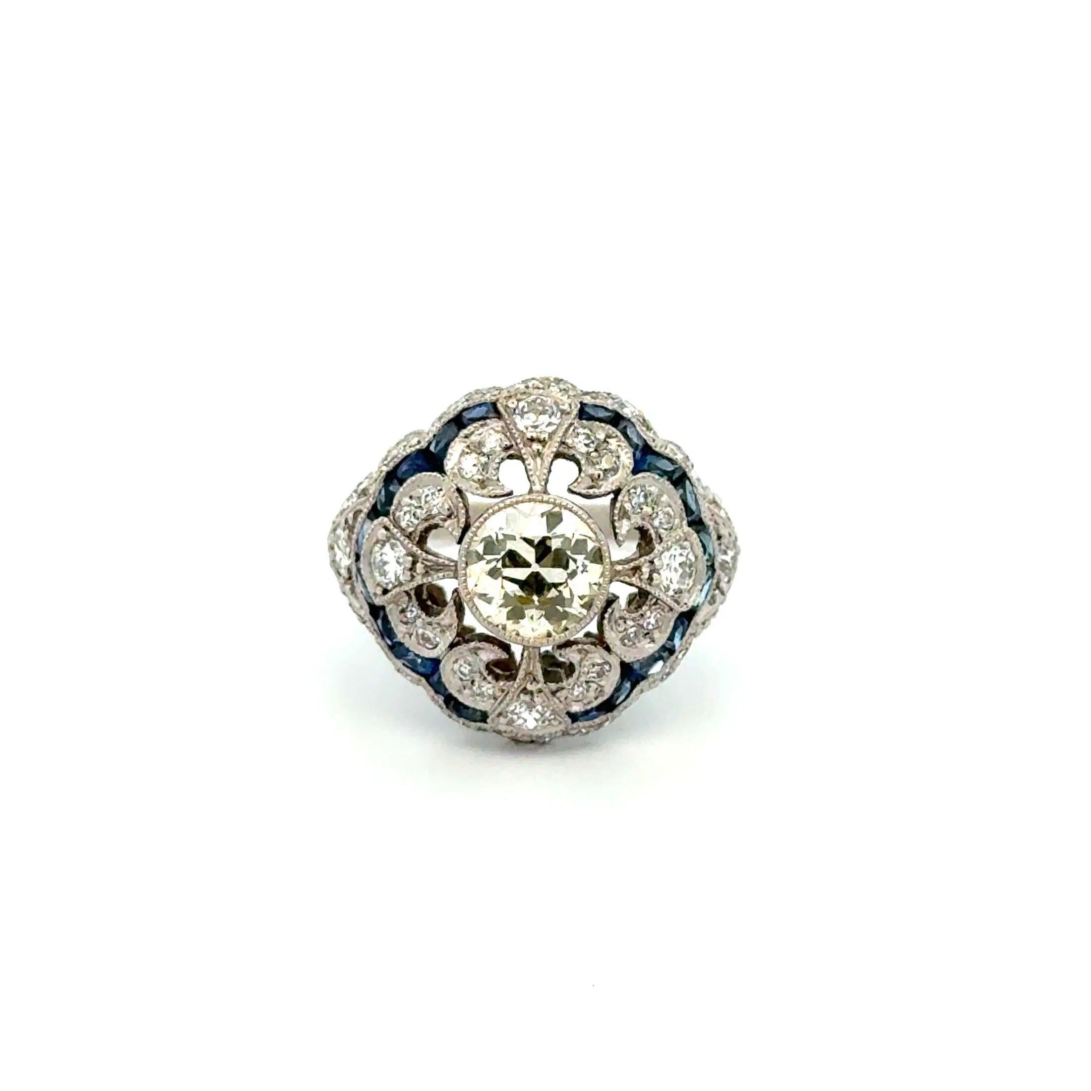 Vintage 1,11 Karat Diamant und Saphir Platin Filigran Ring (Gemischter Schliff) im Angebot