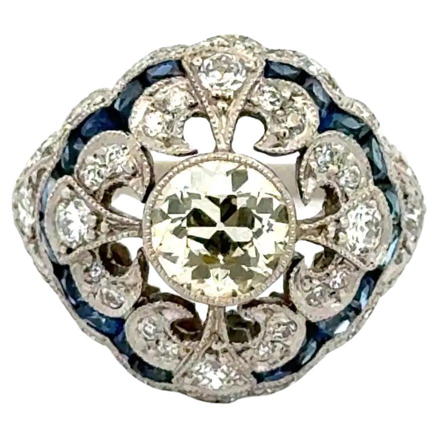 Vintage 1,11 Karat Diamant und Saphir Platin Filigran Ring