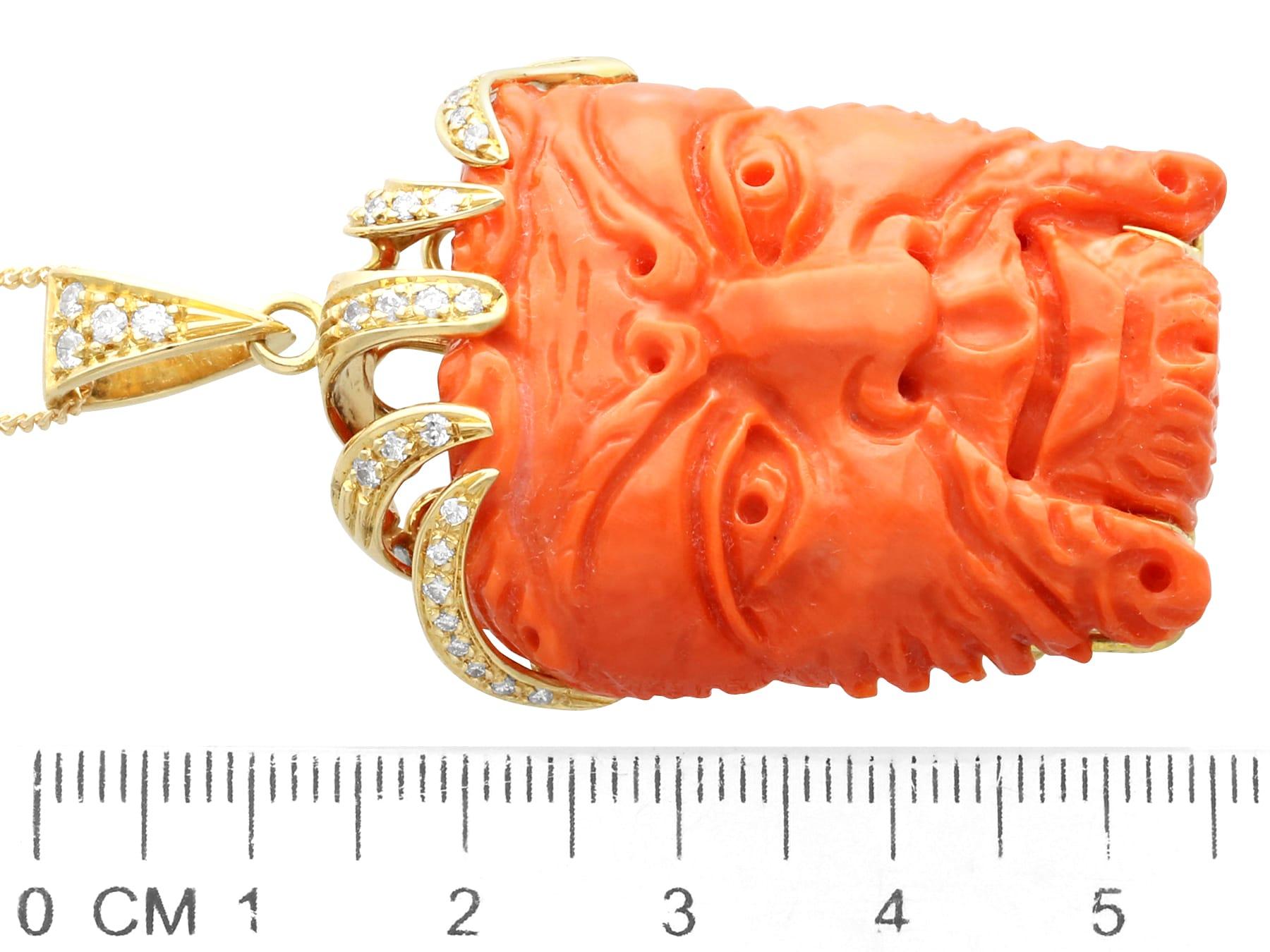 Vintage 112 Carat Coral and 0.29 Carat Diamond 18 Karat Yellow Gold Mask Pendant For Sale 2