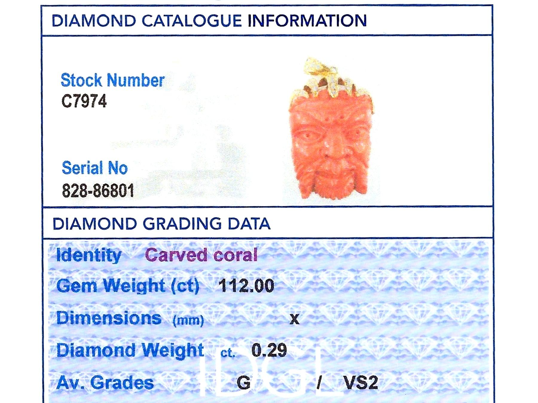 Vintage 112 Carat Coral and 0.29 Carat Diamond 18 Karat Yellow Gold Mask Pendant For Sale 4