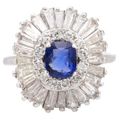 Vintage 1.12 carat sapphire diamond 18k white gold ballerina ring