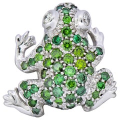 Vintage 1.12 Carat Green Diamond 18 Karat White Gold Frog Pin