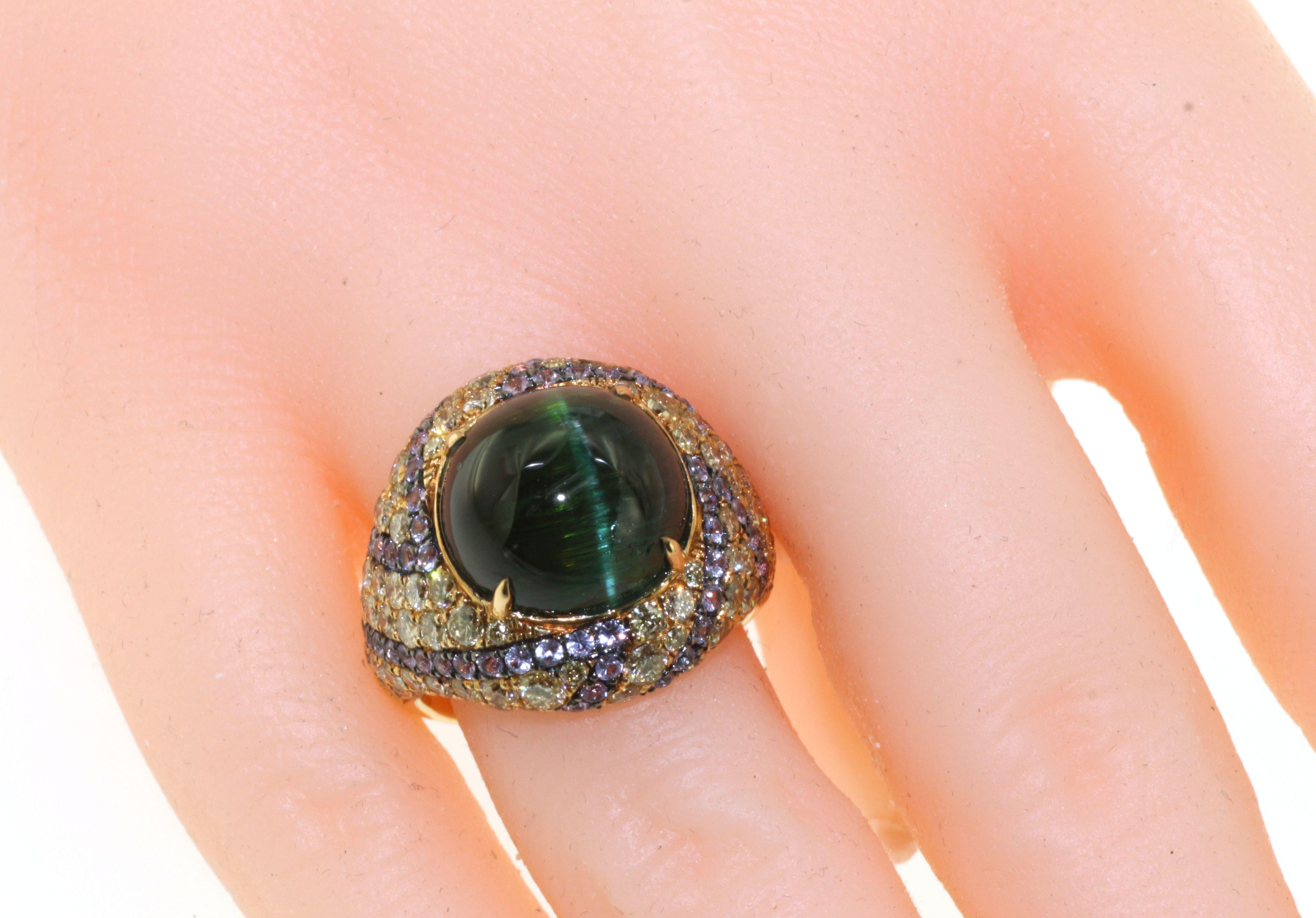 Vintage 11,20ct Cat's eye Grüner Turmalin Diamant Saphir Ring in 18k Gold (Art déco) im Angebot