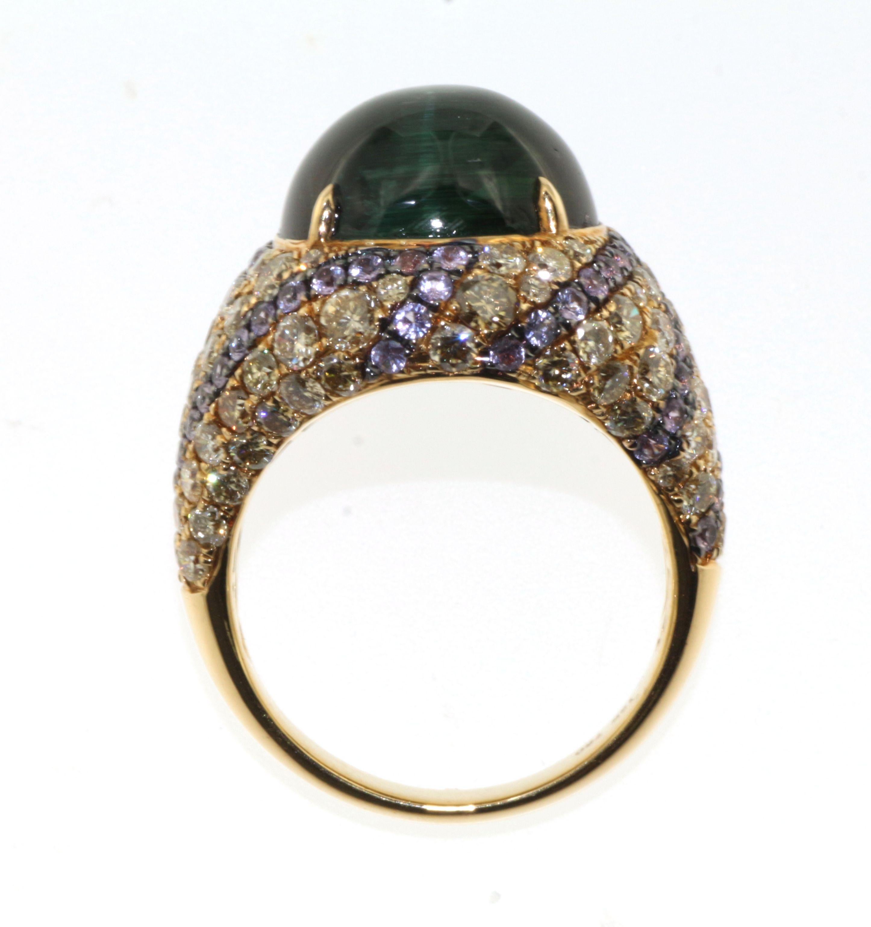 Vintage 11,20ct Cat's eye Grüner Turmalin Diamant Saphir Ring in 18k Gold (Cabochon) im Angebot