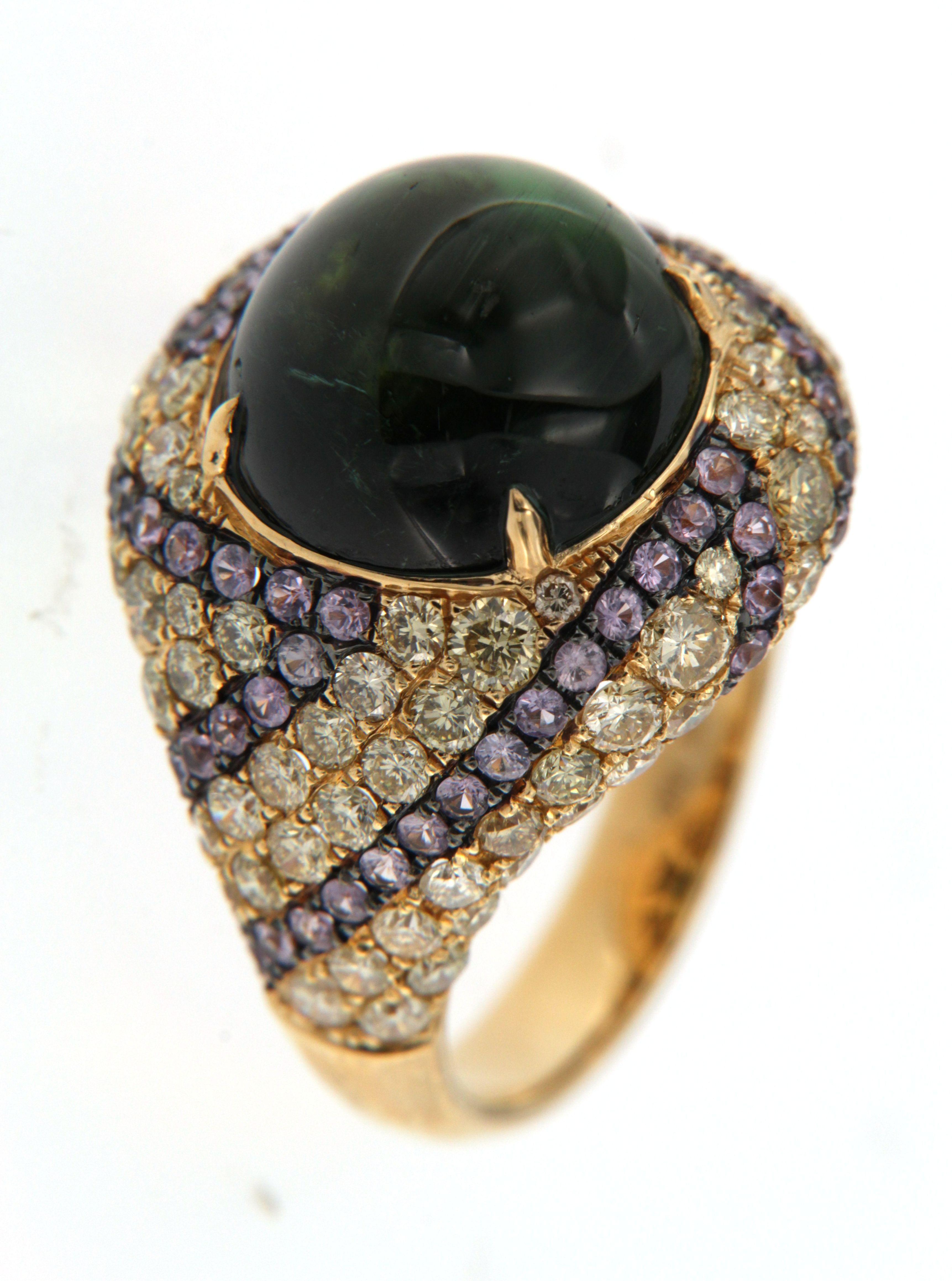 Vintage 11,20ct Cat's eye Grüner Turmalin Diamant Saphir Ring in 18k Gold Damen im Angebot