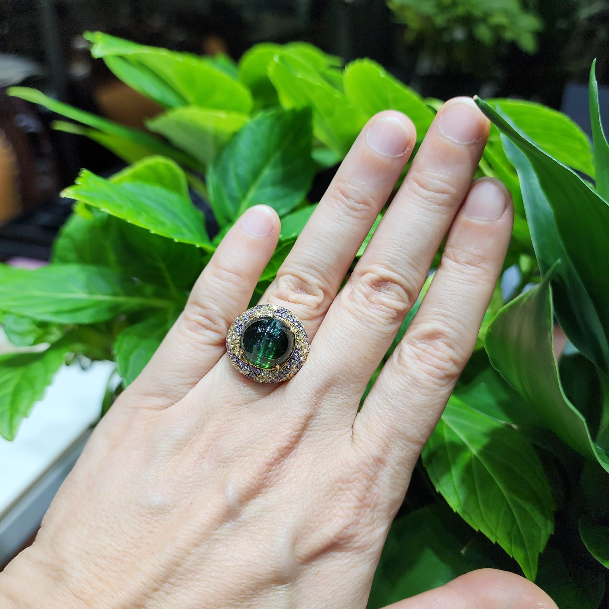 Vintage 11,20ct Cat's eye Grüner Turmalin Diamant Saphir Ring in 18k Gold im Angebot 1