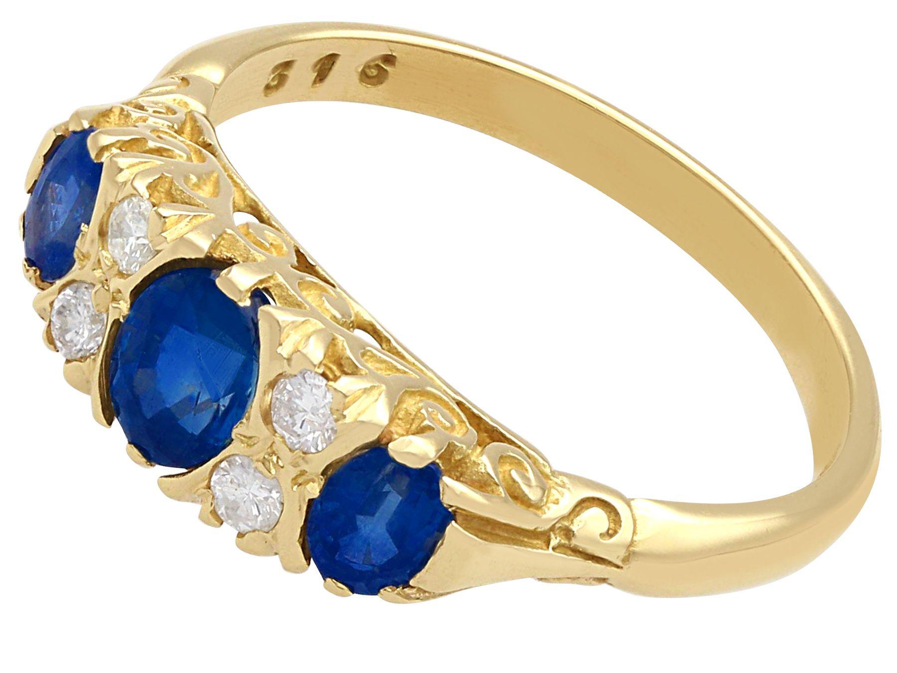 Cushion Cut Vintage 1.13 Carat Sapphire and Diamond 18k Yellow Gold Three Stone Ring 