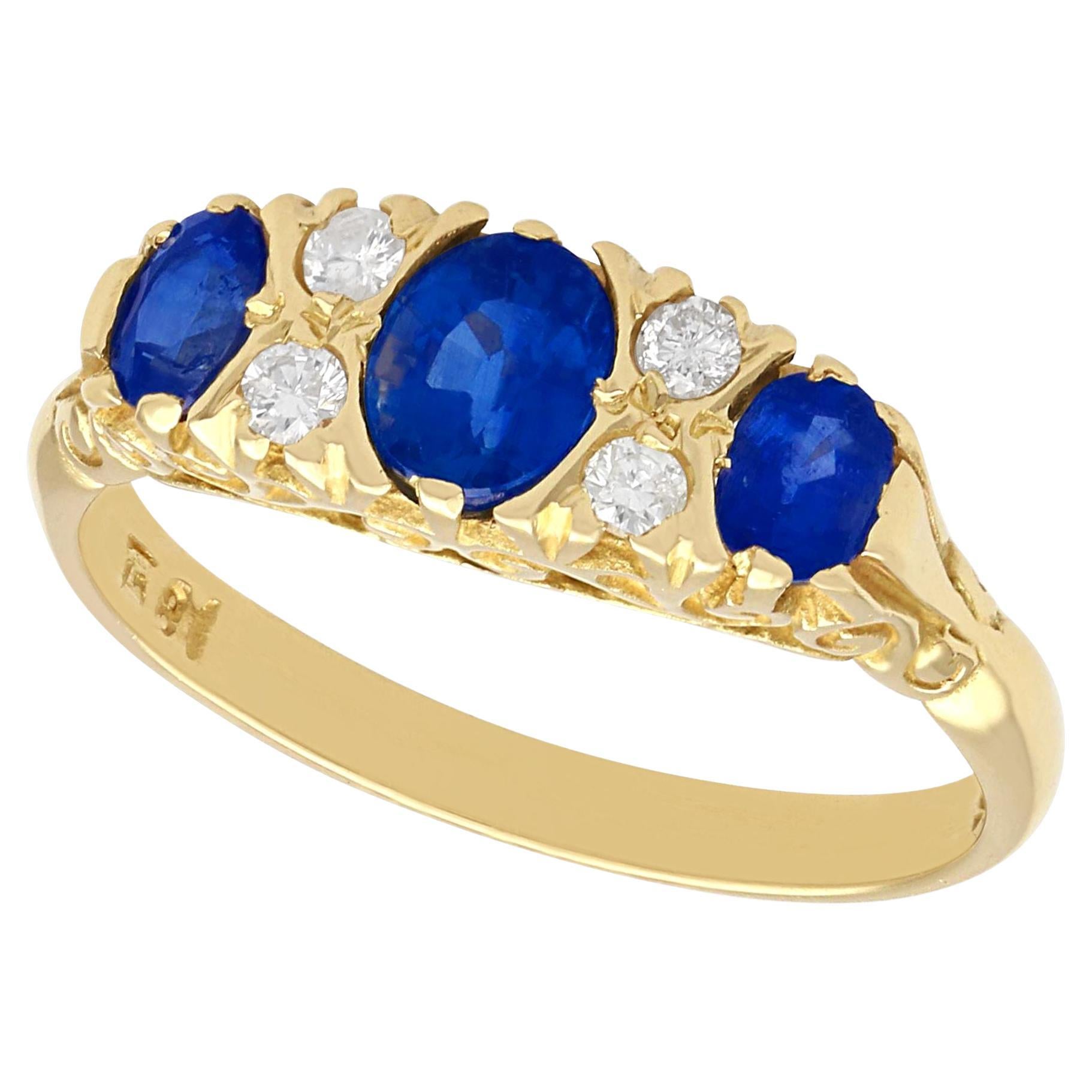 Vintage 1.13 Carat Sapphire and Diamond 18k Yellow Gold Three Stone Ring 