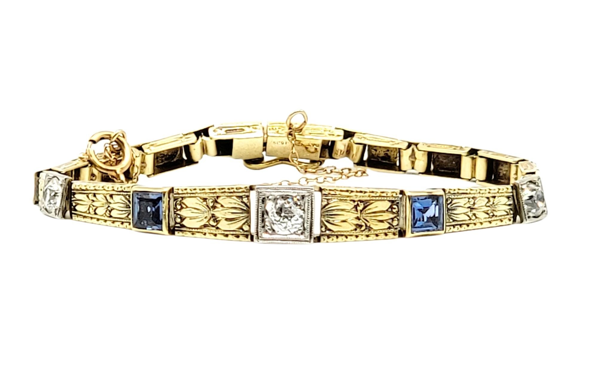 Absolutely gorgeous vintage bracelet accented by glittering diamonds and sapphires. Intricate detail work is displayed throughout, adding to the stunning Old World charm.

Metal: 18K Yellow Gold
Weight: 10.26 grams
Diamonds: .85 ctw
Diamond cut: Old
