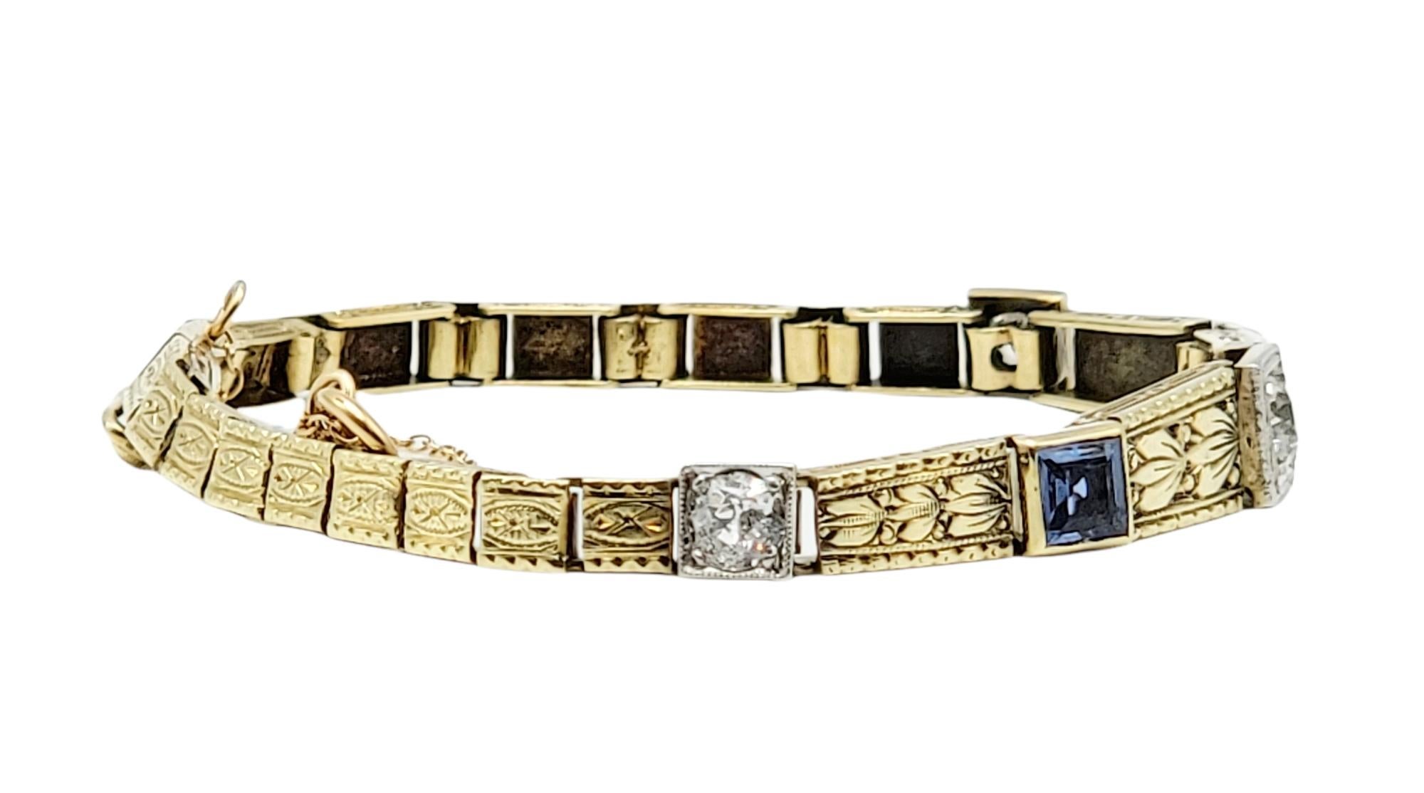 Art Nouveau Vintage 1.13 Carats Total Diamond and Sapphire Bracelet in 18 Karat Yellow Gold For Sale