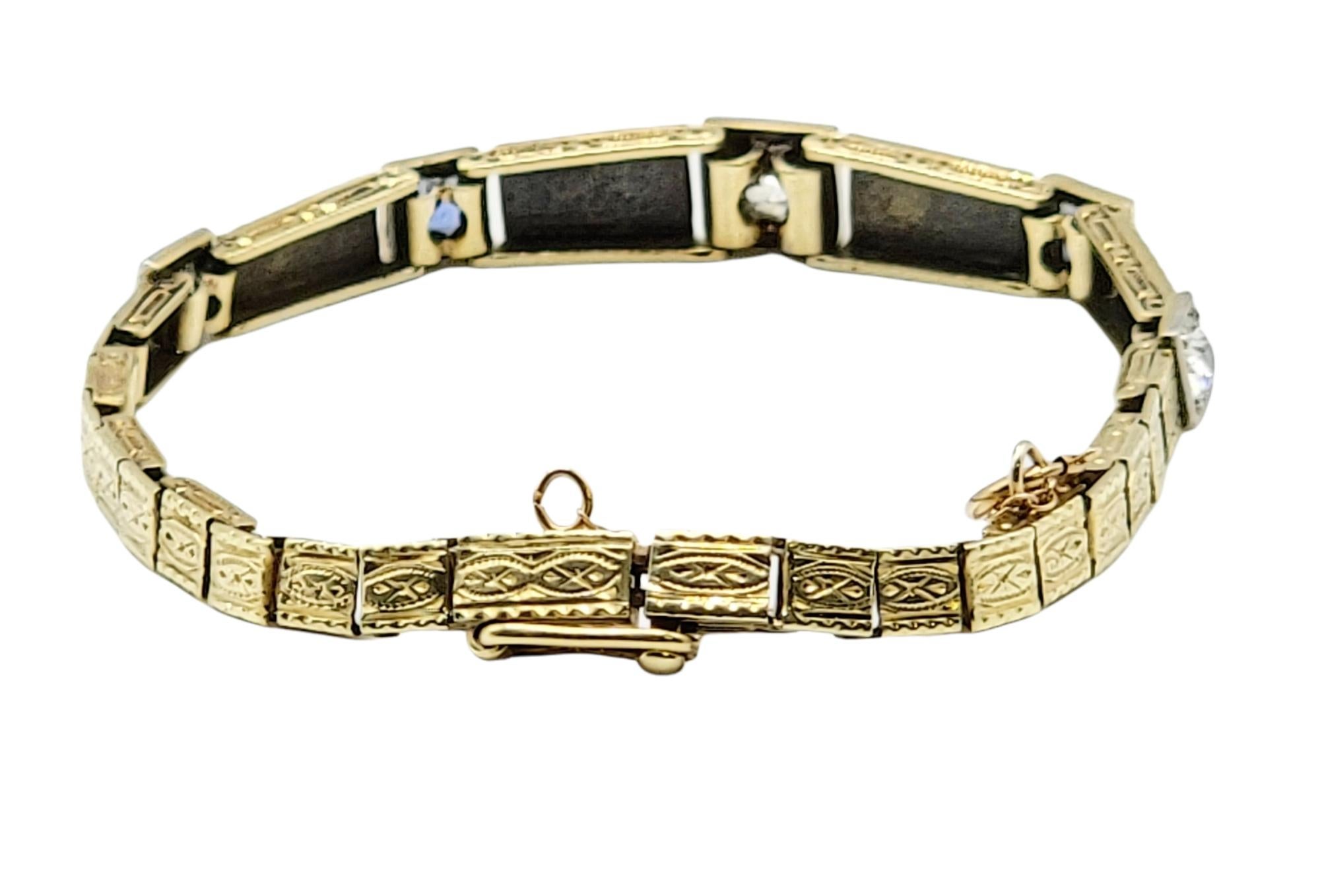 Old European Cut Vintage 1.13 Carats Total Diamond and Sapphire Bracelet in 18 Karat Yellow Gold For Sale