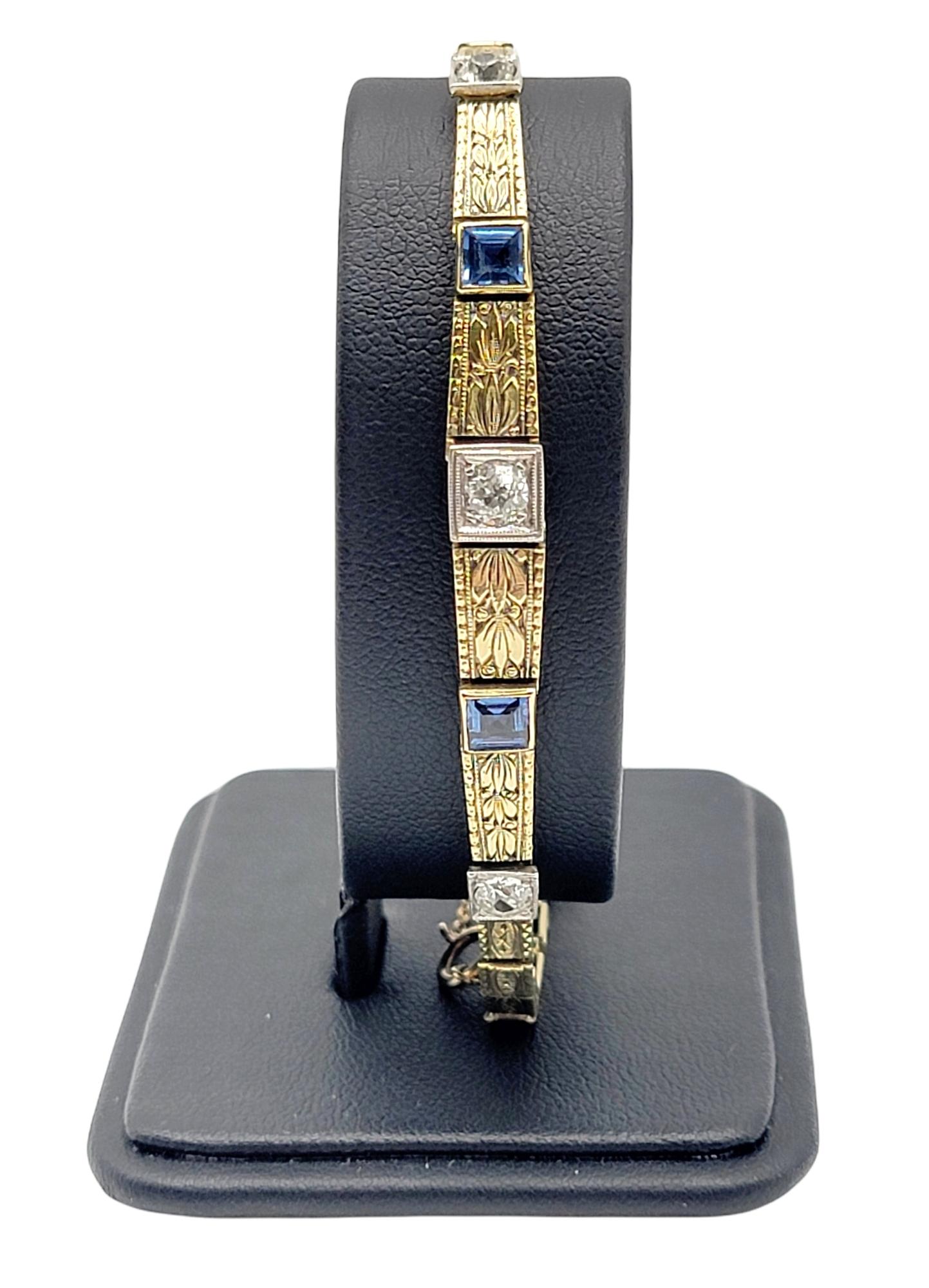 Vintage 1.13 Carats Total Diamond and Sapphire Bracelet in 18 Karat Yellow Gold For Sale 1