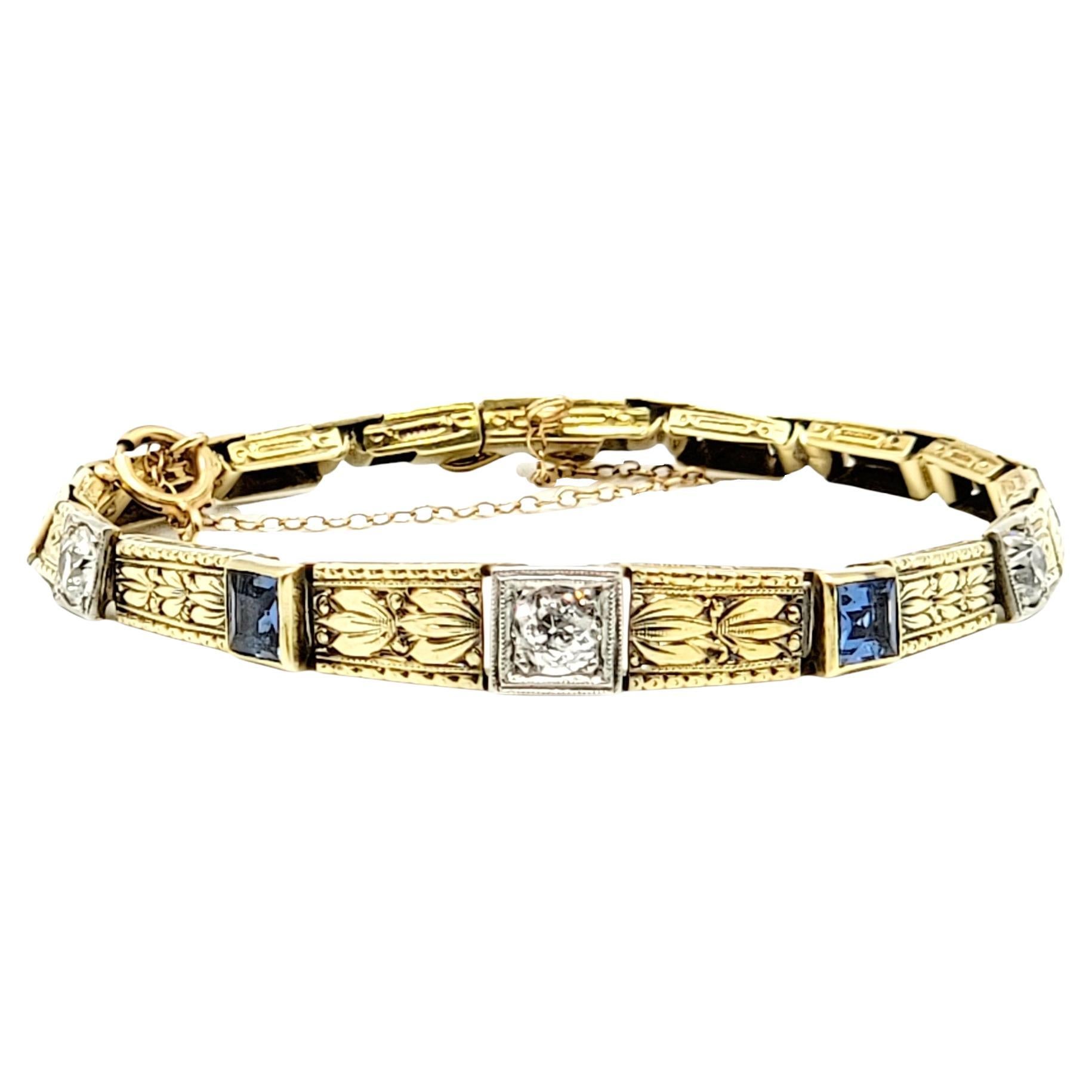 Vintage 1.13 Carats Total Diamond and Sapphire Bracelet in 18 Karat Yellow Gold For Sale