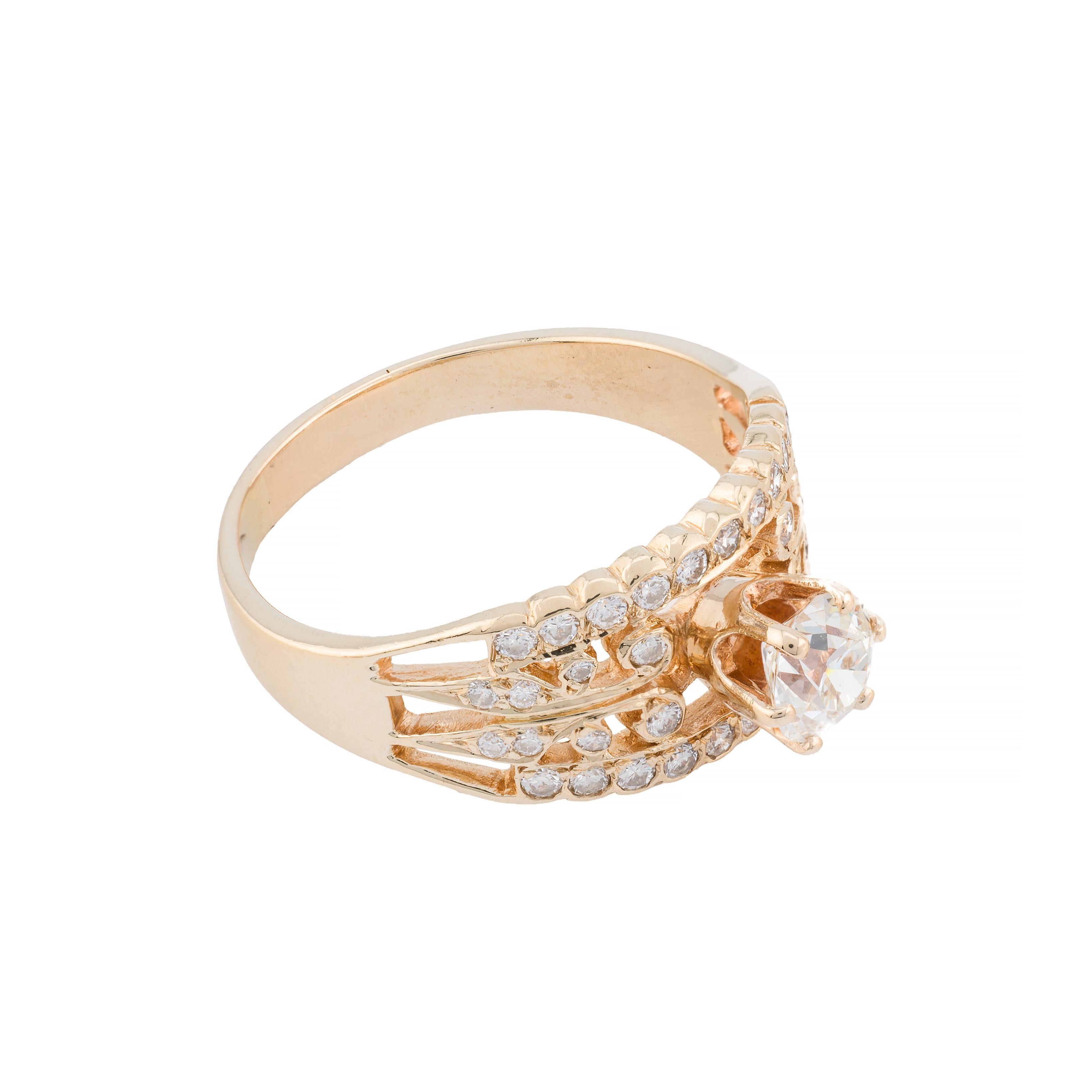 Art Déco Anello di fidanzamento a filigrana con diamante taglio europeo vintage da 1,13 carati in oro giallo 14K in vendita