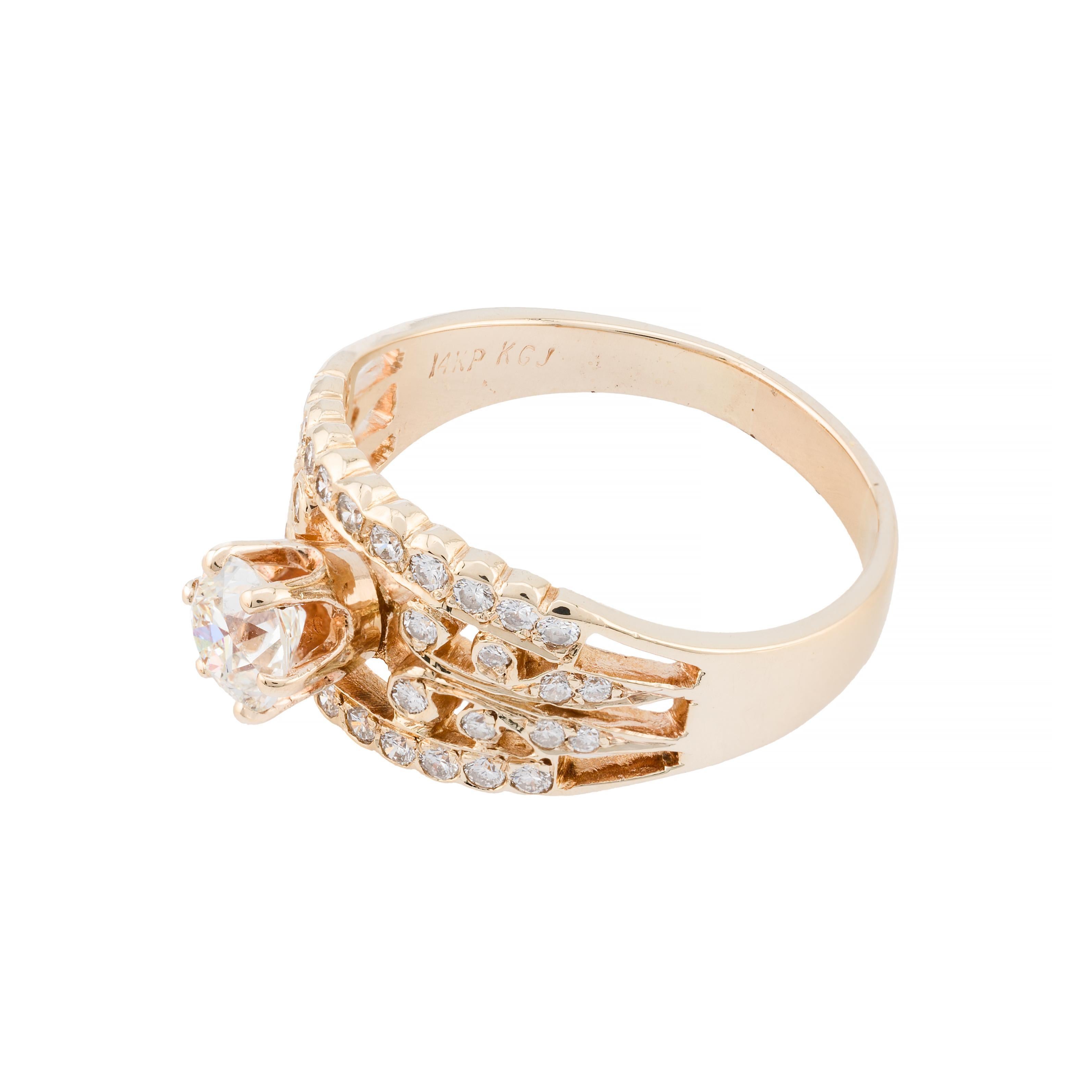 Taglio antico europeo Anello di fidanzamento a filigrana con diamante taglio europeo vintage da 1,13 carati in oro giallo 14K in vendita