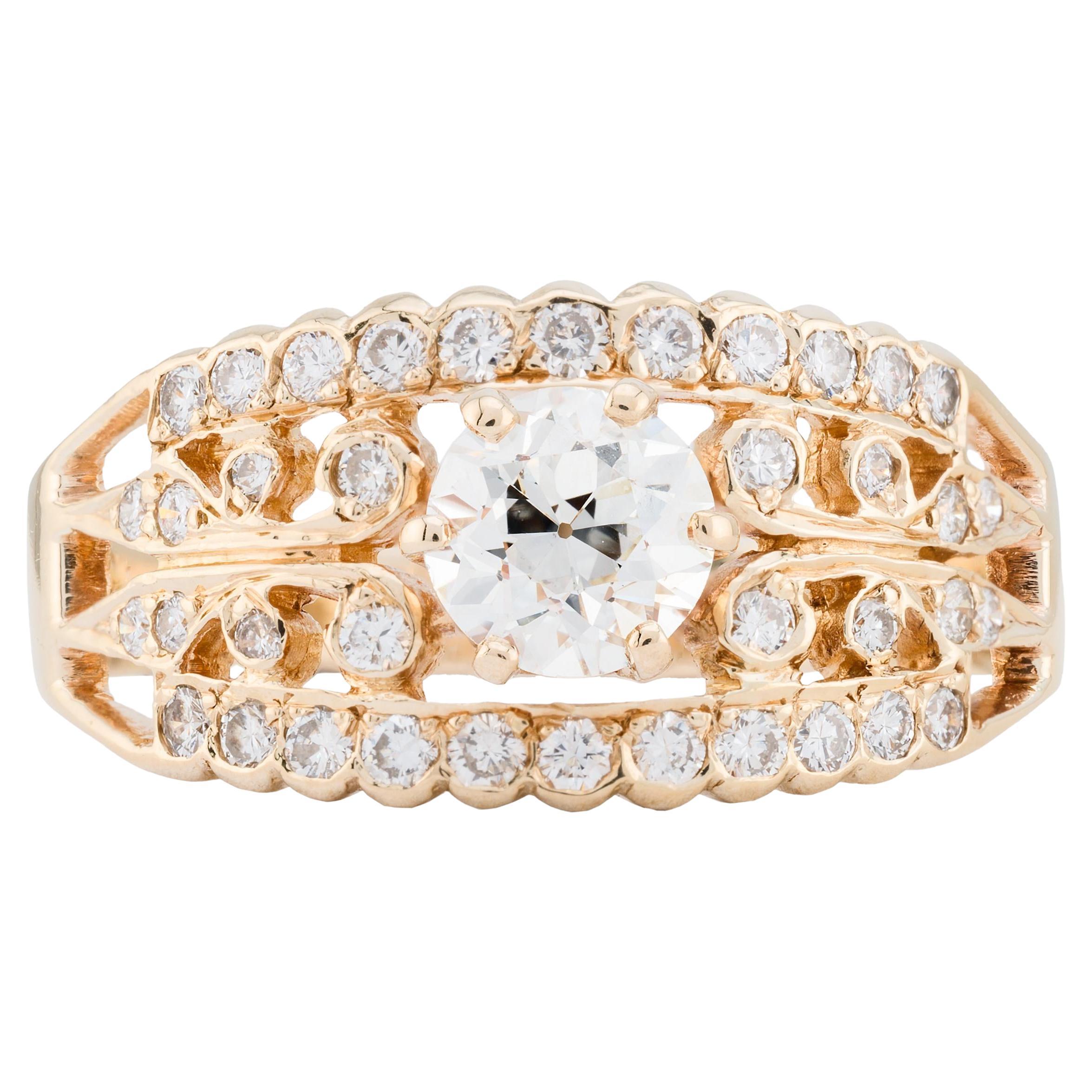 Bague de fiançailles vintage filigrane en or jaune 14 carats avec diamant taille européenne de 1,13 carat