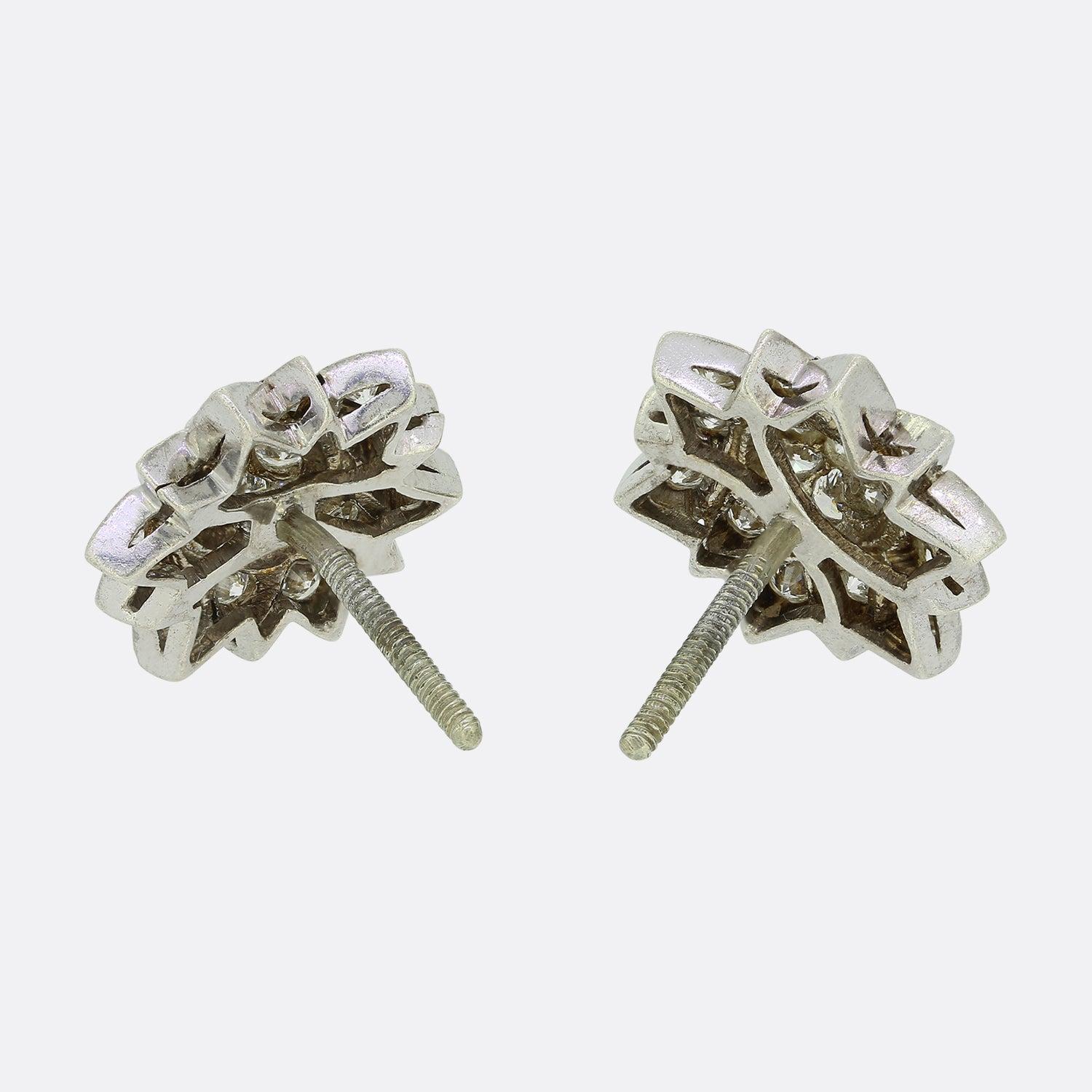 Brilliant Cut Vintage 1.14 Carat Diamond Cluster Earrings For Sale
