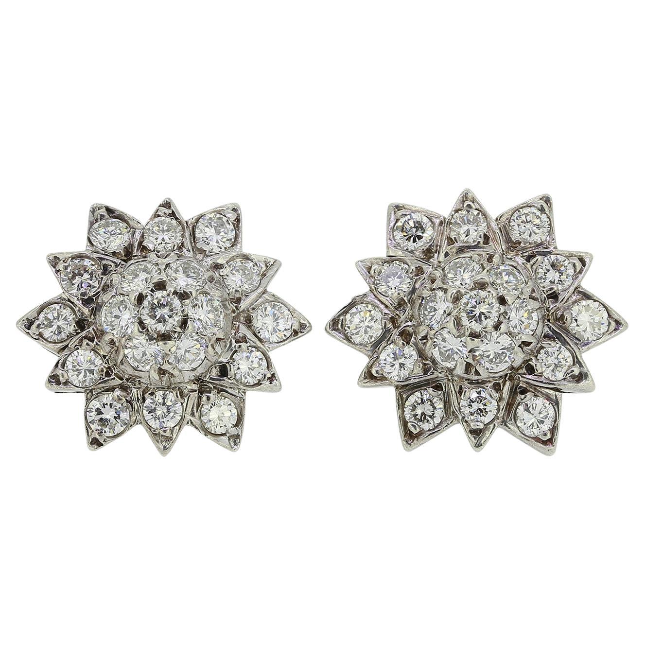 Vintage 1.14 Carat Diamond Cluster Earrings For Sale