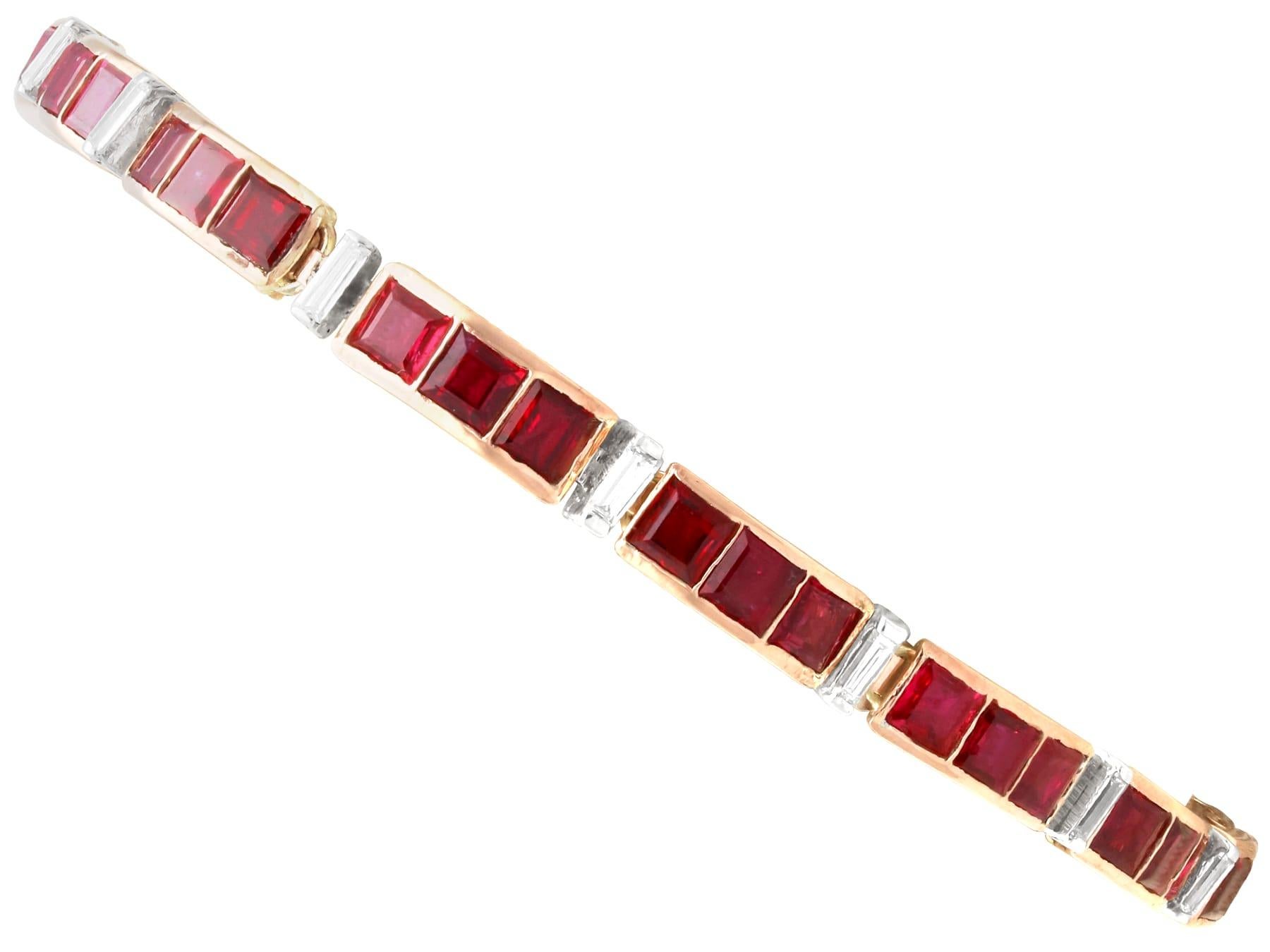 Vintage 11.43 Carat Ruby 0.98 Carat Diamond 8k Rose Gold Bracelet Circa 1940 For Sale