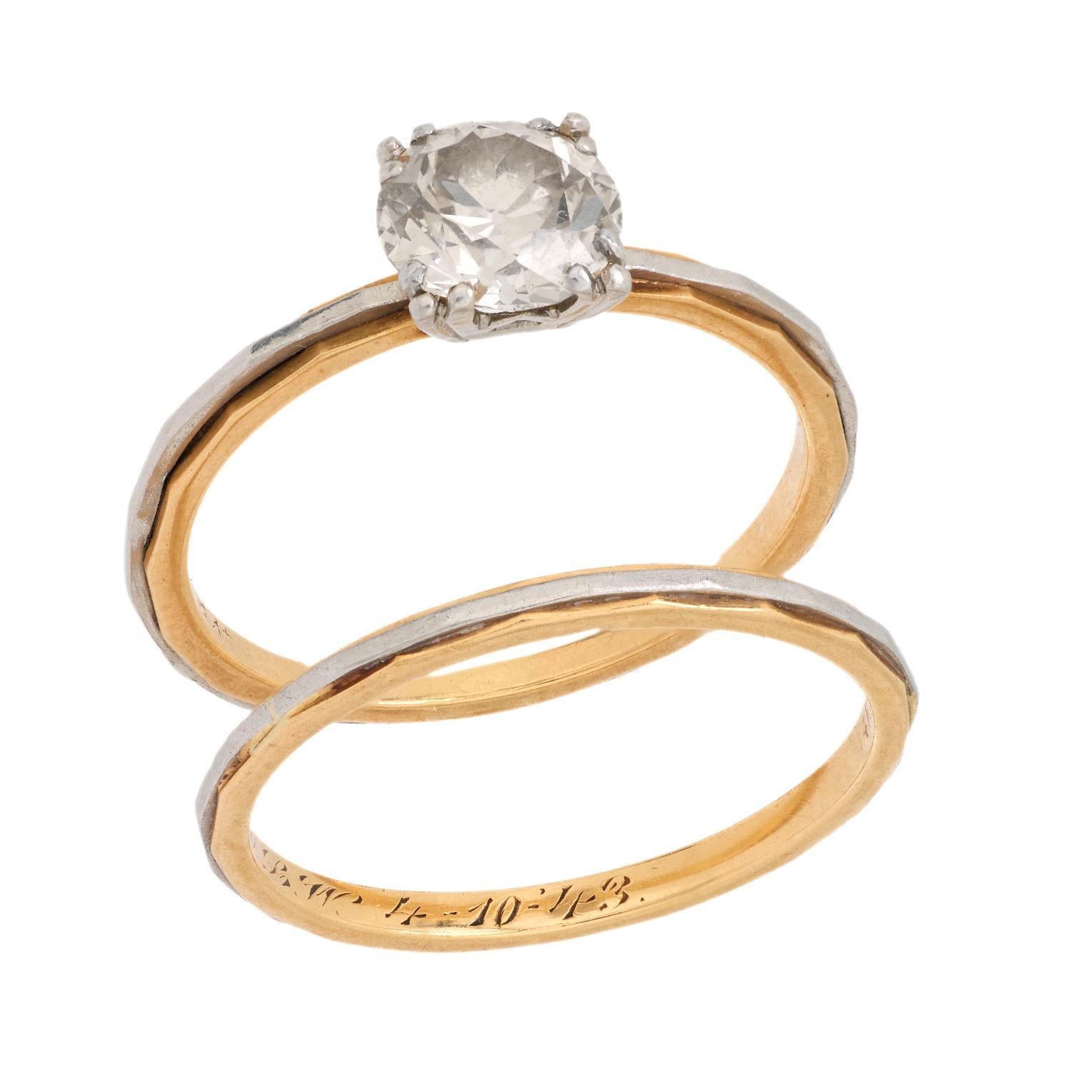 Verlobungsring aus 14k Gelbgold und Platin mit 1,15 Karat Diamanten im Vintage-Stil