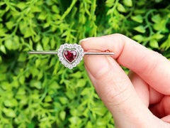 Vintage 1.15 Carat Ruby 0.80 Carat Diamond, 18k White Gold Heart Bar Brooch 1968