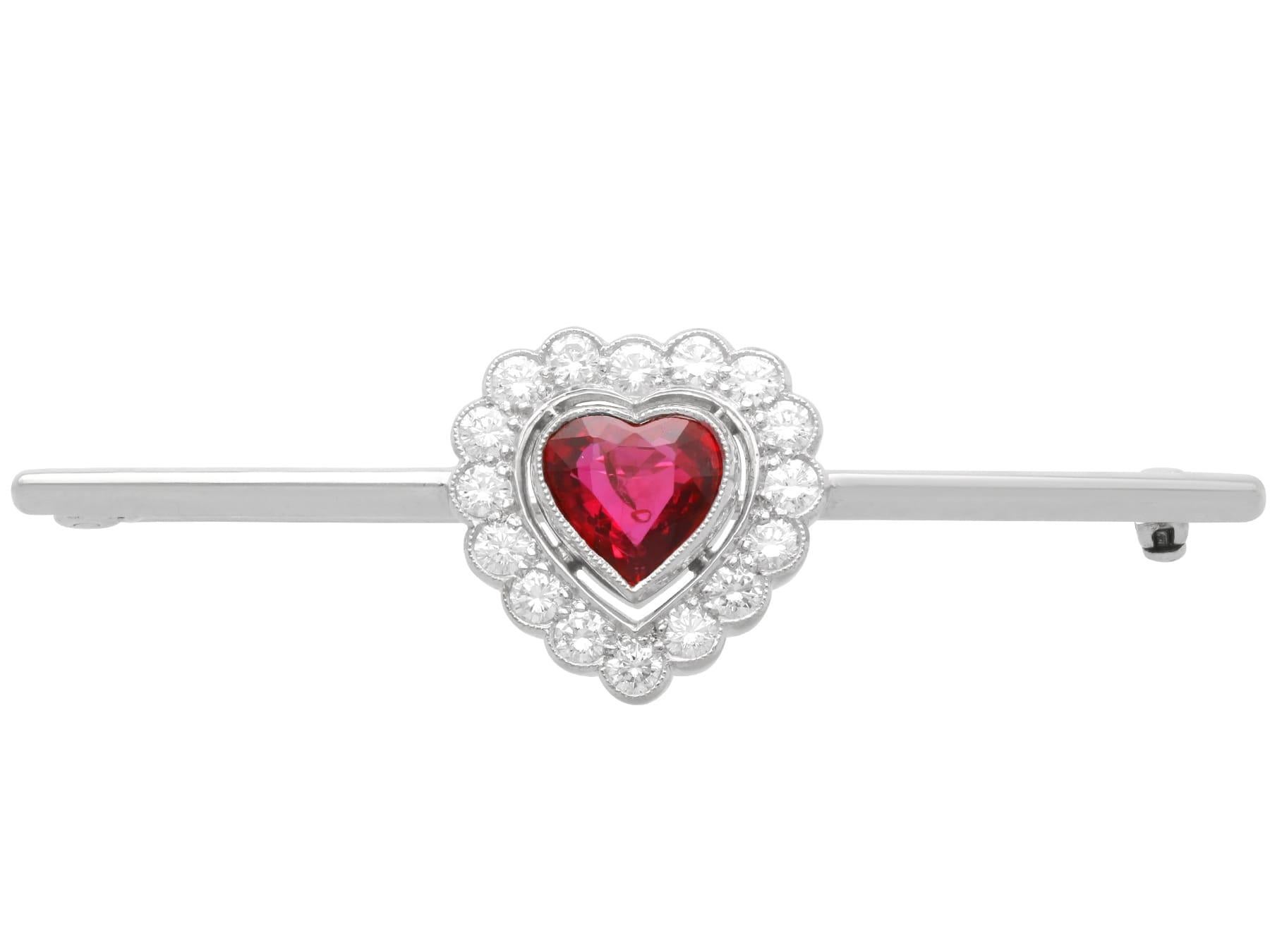 Vintage 1.15 Carat Ruby 0.80 Carat Diamond, 18k White Gold Heart Bar Brooch 1968